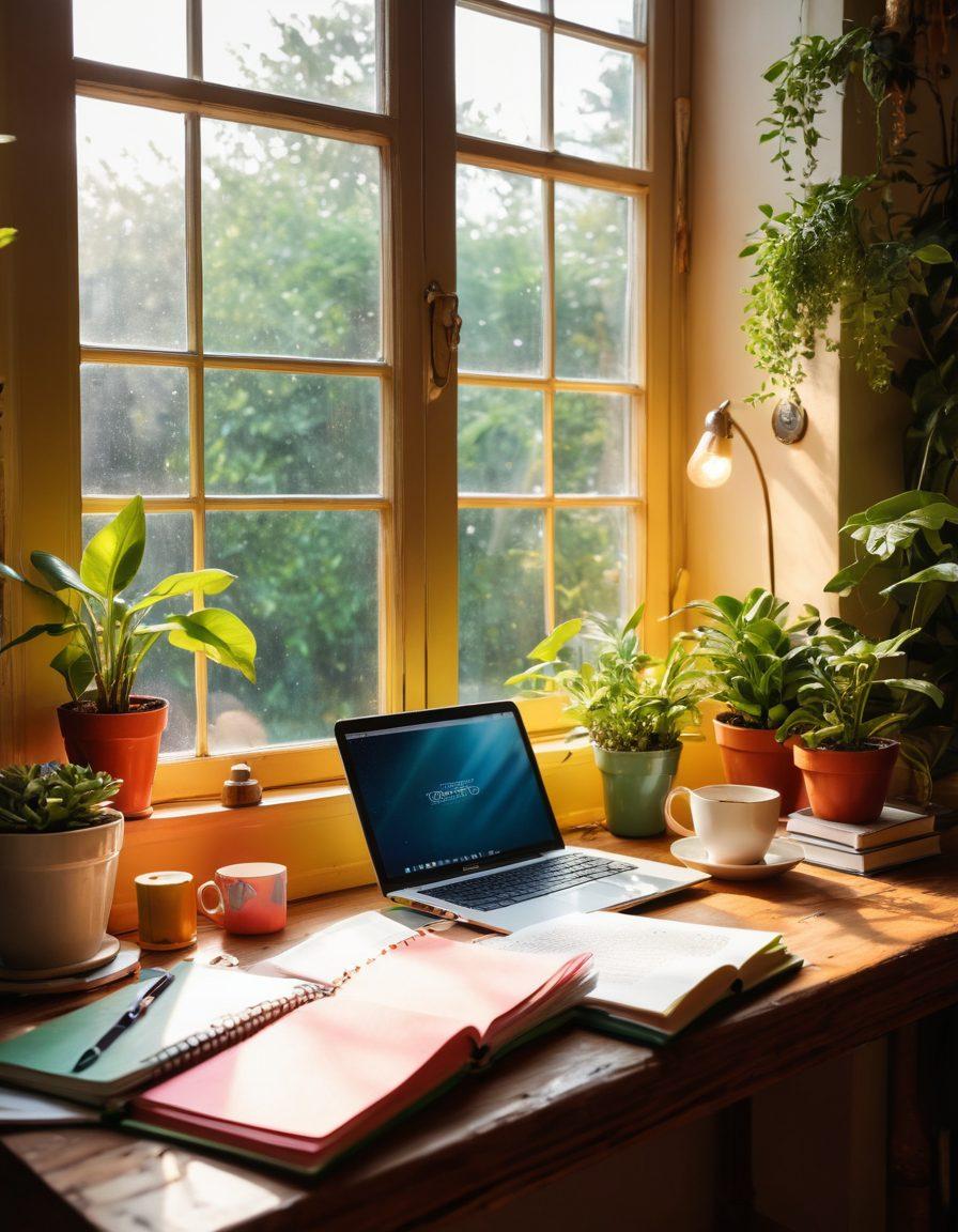 A captivating scene of a cozy workspace filled with colorful notebooks, a steaming cup of tea, and a laptop with inspirational quotes displayed. Bright sunlight streaming through a window, plants adding greenery to the space, and scattered art supplies suggesting creativity in motion. The atmosphere should evoke warmth and motivation, symbolizing the journey from idea generation to content creation. vibrant colors. soft lighting. cozy atmosphere.