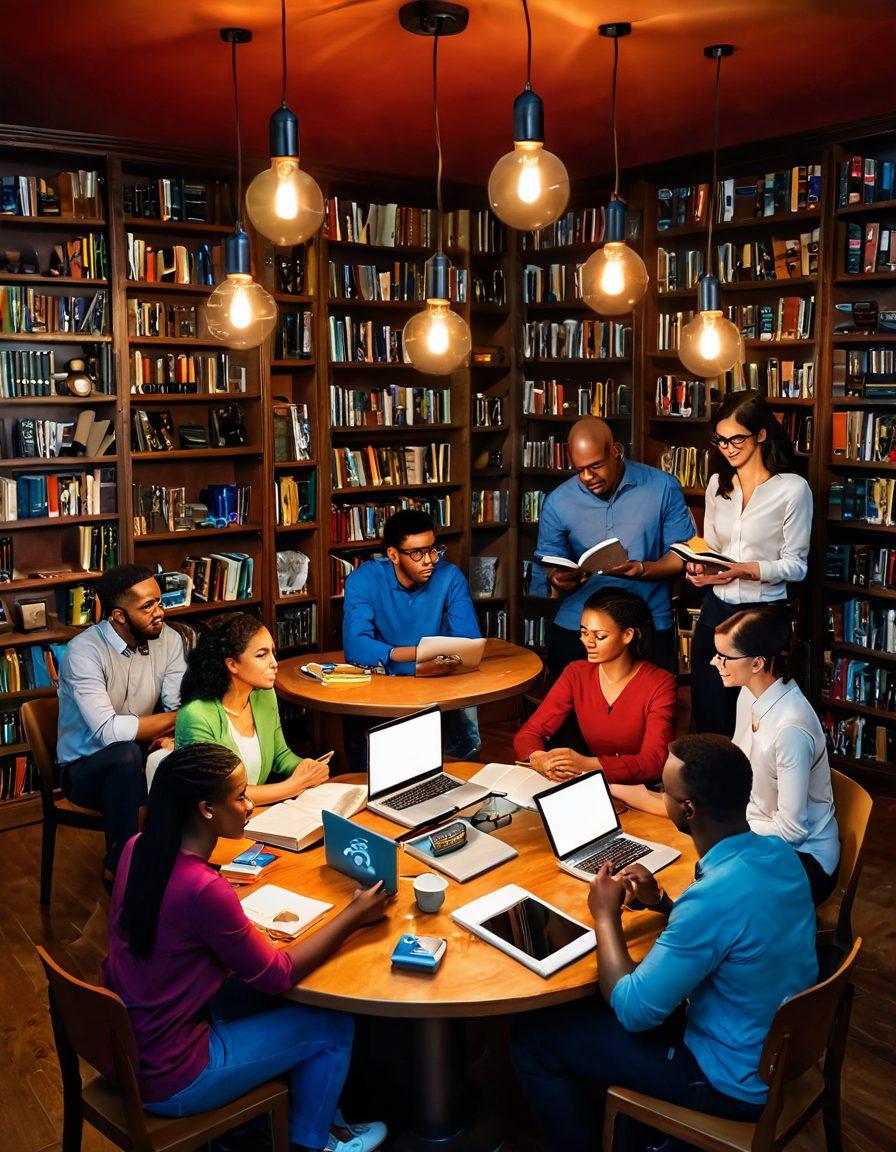 A warm, inviting scene featuring diverse individuals engaging in conversations, surrounded by books, laptops, and resources symbolizing a hub of knowledge. The background should showcase a digital network connecting different people, illustrating the theme of connection. Include elements like lightbulbs and gears to represent ideas and collaboration. The atmosphere should be inspiring and dynamic. vibrant colors. super-realistic.