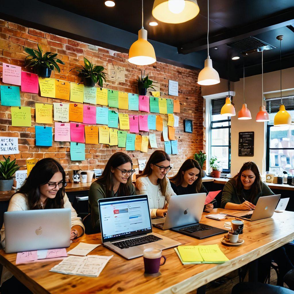 A vibrant scene that illustrates a group of diverse bloggers brainstorming in a cozy coffee shop, surrounded by motivational quotes and colorful sticky notes. The atmosphere is lively, with warm lighting and cheerful expressions. Include elements like laptops, a big coffee mug, and plants to create a welcoming vibe. The scene should inspire collaboration and creativity. super-realistic. vibrant colors. soft focus.